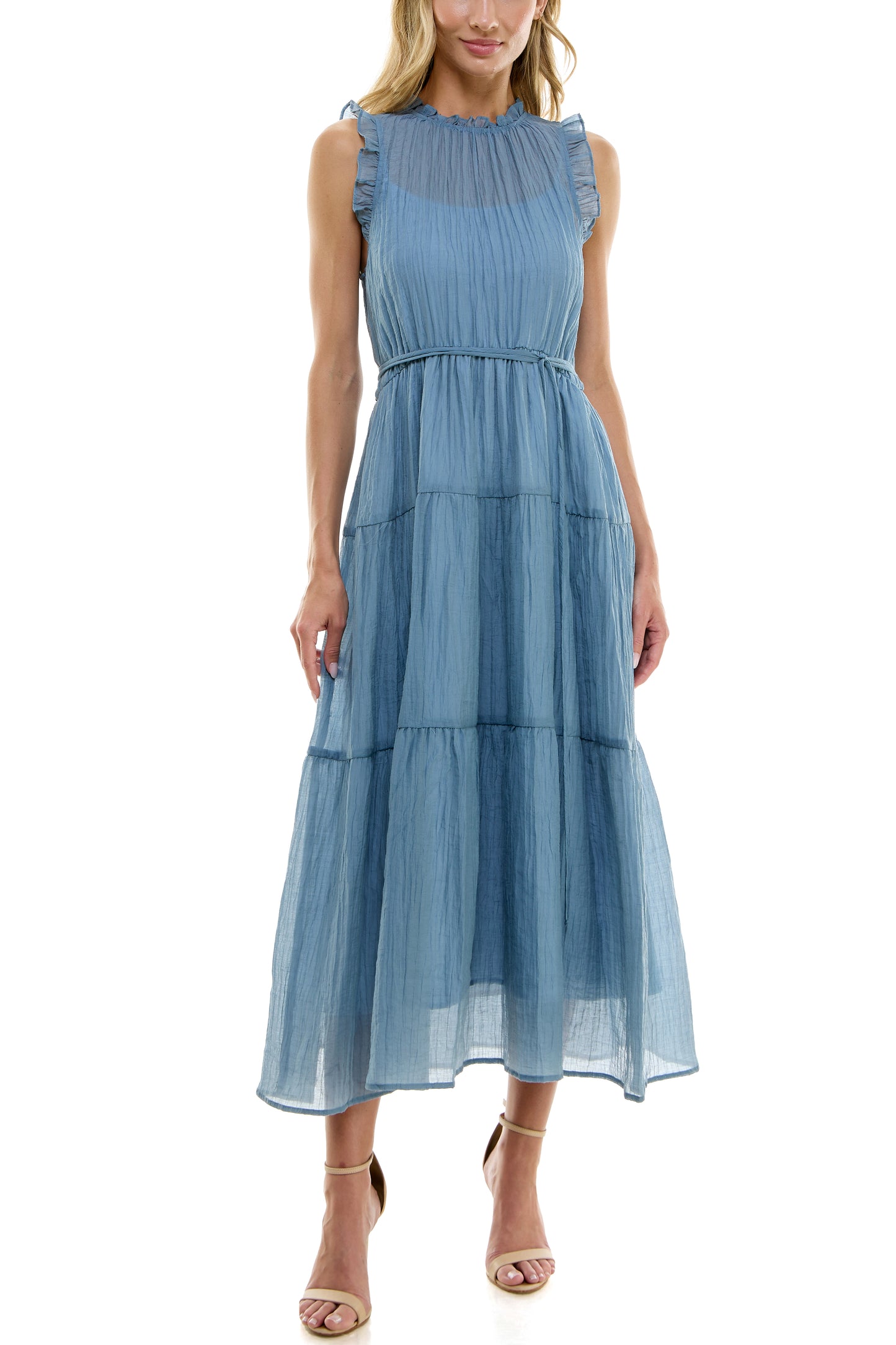 SHEER TEXTURE MIDI DRESS W/ TIE DETAIL