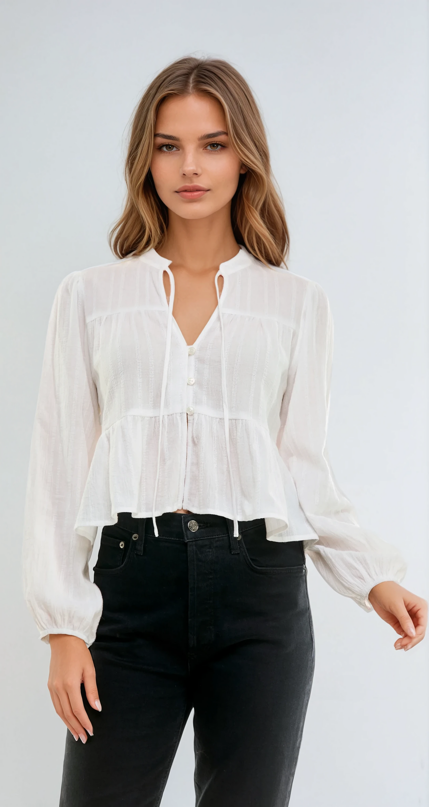 Textured Button Front Blouse – Ivory