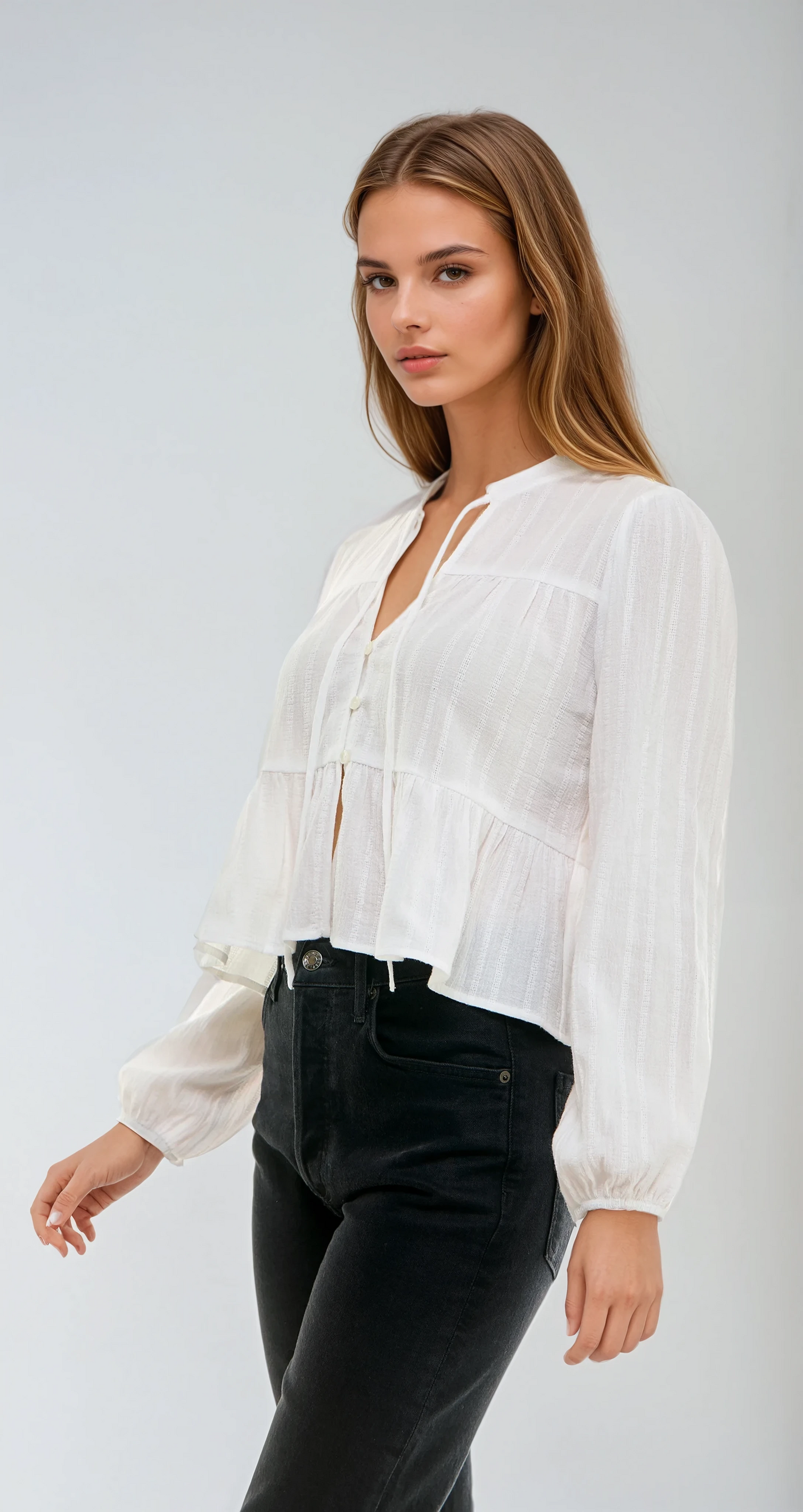 Textured Button Front Blouse – Ivory